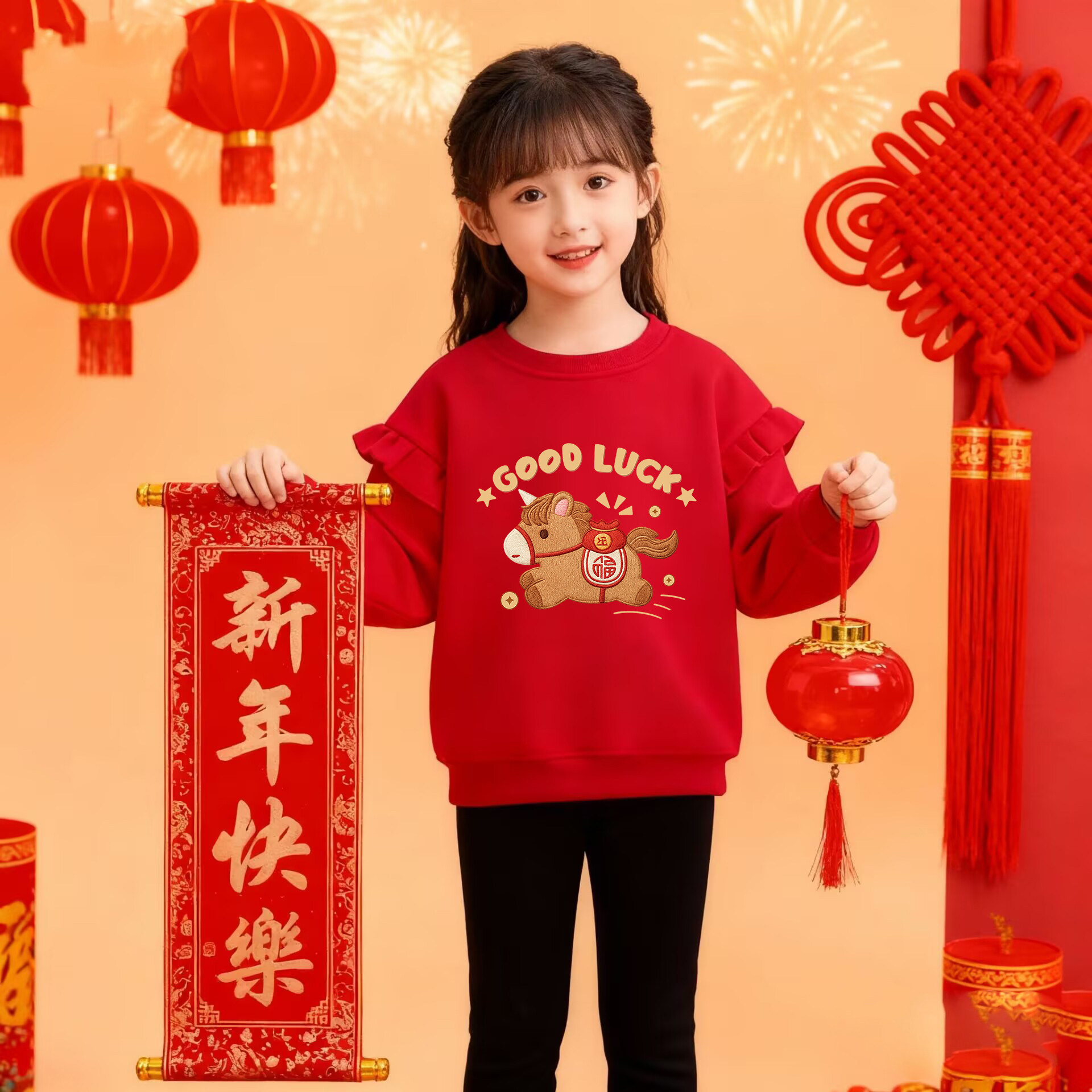 冬季女童加绒加厚卫衣红色国潮女宝宝喜庆拜年服可爱超萌儿童衣服
