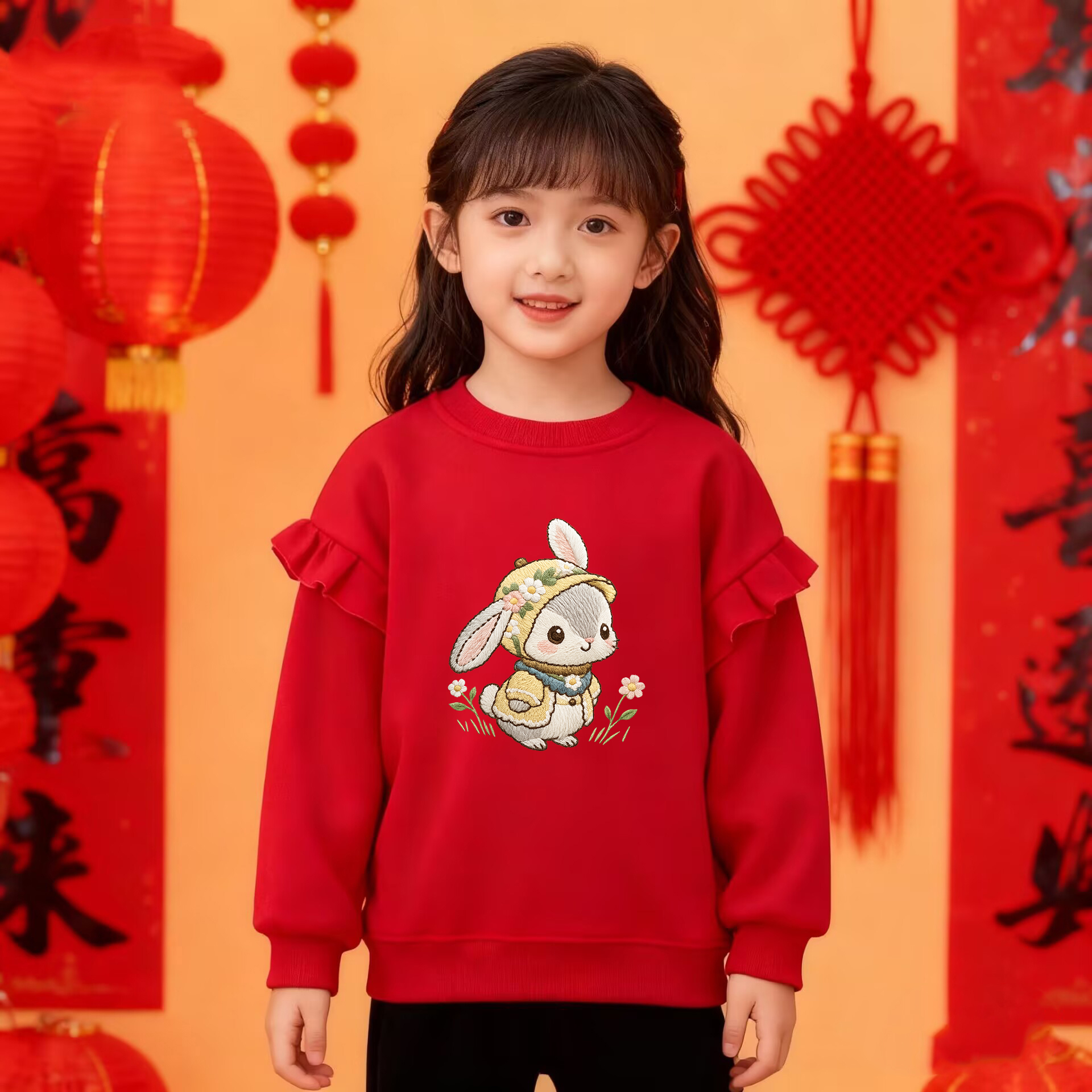 儿童红色卫衣本命年新款加绒中大童圆领上衣春秋季女孩宽松打底衫