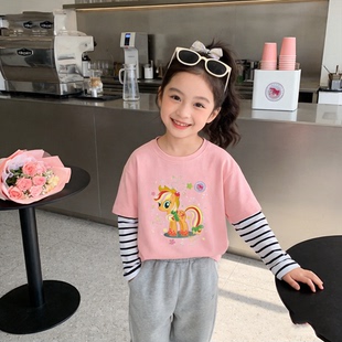 春秋款儿童长袖纯棉t恤薄款女童上衣单穿粉色打底中大童洋气童装