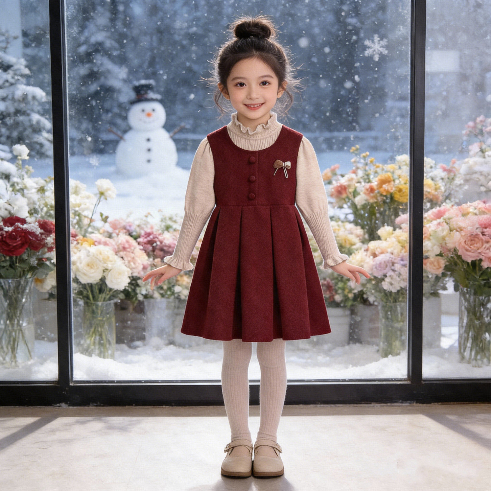 拜年服红色套装裙女童高端公主裙2026秋冬新款儿童喜庆过年连衣裙