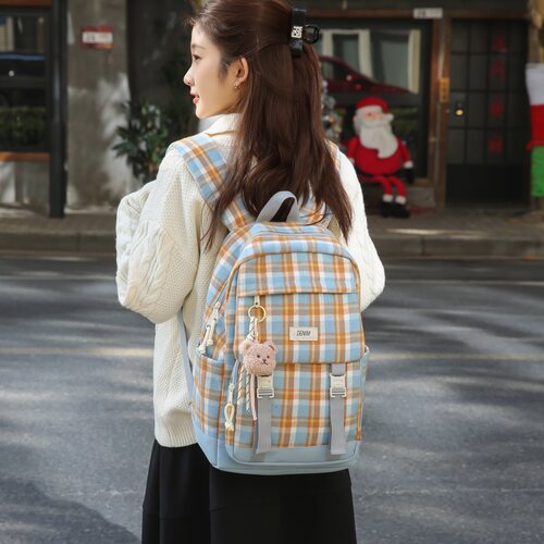 路可斯威ins风格纹学院风书包女初中生高中大学生背包森系双肩包