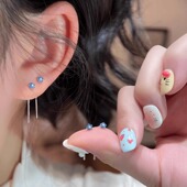 蓝色闪钻小花耳线女2025新款 气质耳饰 五瓣花耳钉小众设计耳环时尚