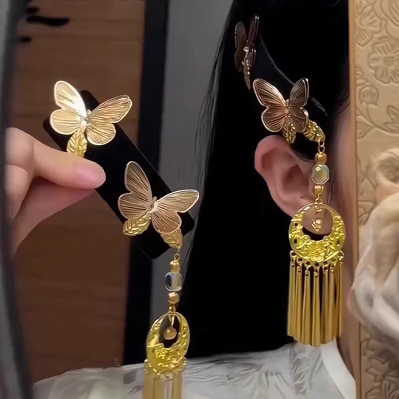 新中式古风金色蝴蝶流苏侧边发夹女旗袍国风刘海精致夹子头饰边夹