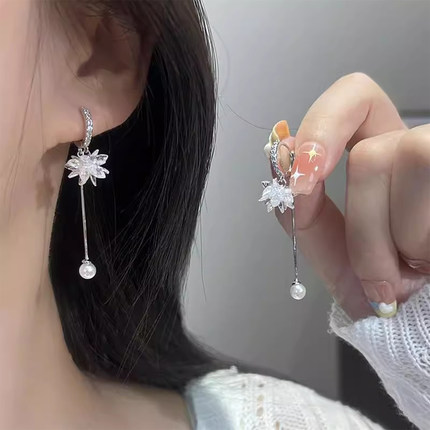 清透冰花水晶珍珠流苏耳扣耳环女2025新款耳钉超仙气质设计感耳饰
