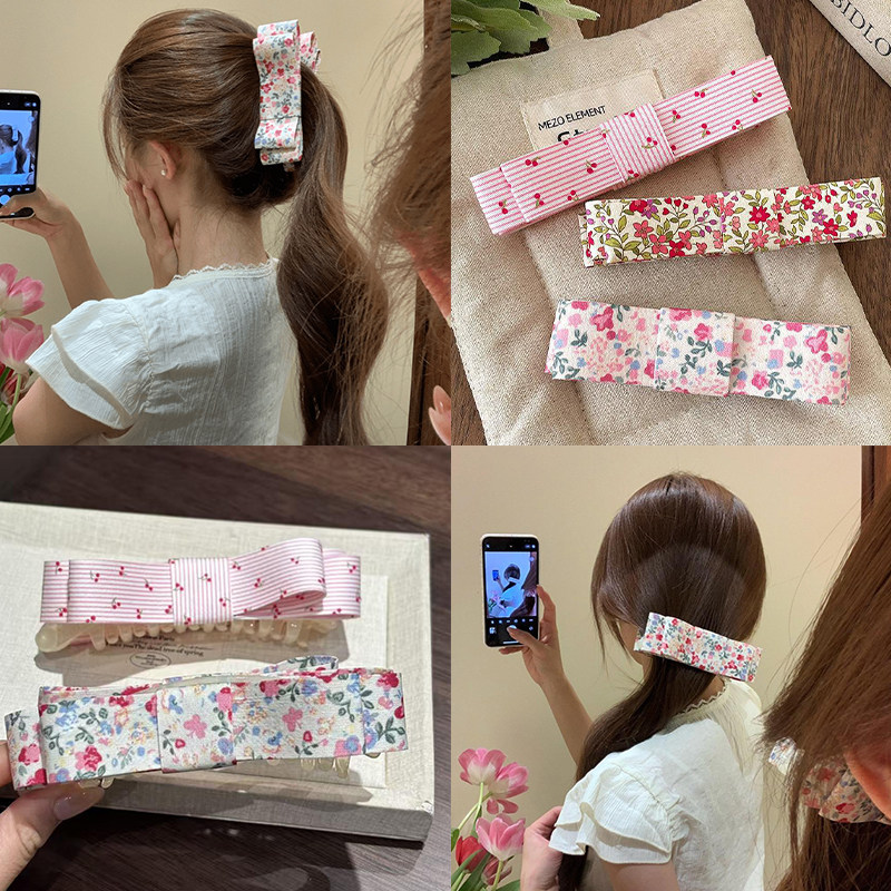 莫奈花园~布艺粉碎花大号蝴蝶结香蕉夹甜美风气质竖夹马尾夹发饰
