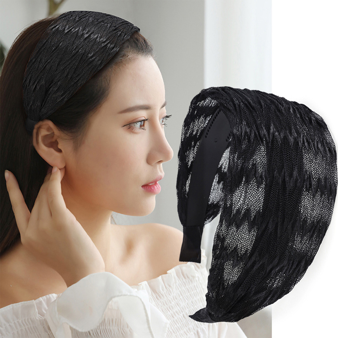 波纹网纱宽边发箍女遮白发压发发卡2025新款发缝遮盖神器头箍头饰
