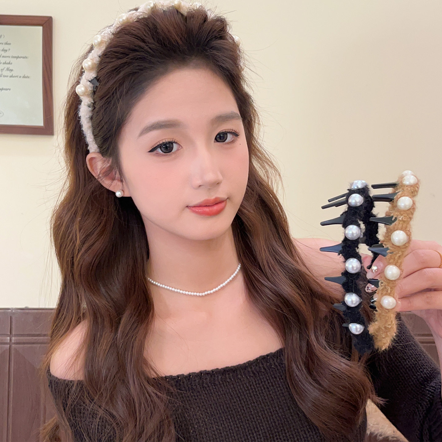 秋冬毛绒珍珠高颅顶波浪发箍发卡