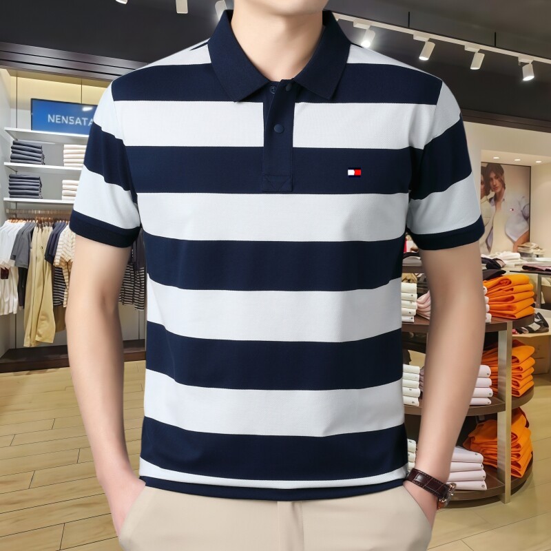 美式休闲Tommy汤米夏季条纹短袖Polo衫男装中年时尚休闲通勤上衣