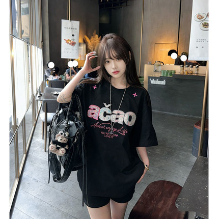 字母贴布刺绣纯棉短袖t恤女2026夏季新款美式外穿通勤潮牌上衣服
