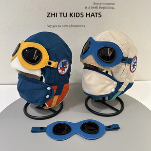 儿童飞行员帽子冬季男童女孩护耳雷锋帽宝宝保暖口罩防风防寒加厚