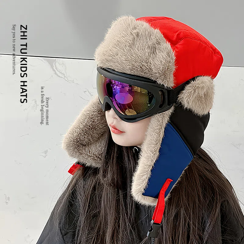 儿童雷锋帽秋冬季男女孩护耳飞行帽冬天宝宝滑雪眼镜东北防寒保暖