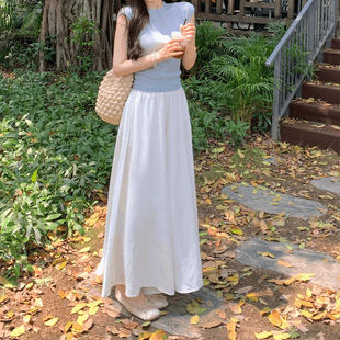 宽松阔腿裙裤 2025年夏季 蓝色系带T恤女装 新款 两件套 搭配一整套装