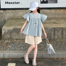 桔子虎女童夏装套装2025新款儿童韩系洋气中大童飞袖娃娃衫短裤