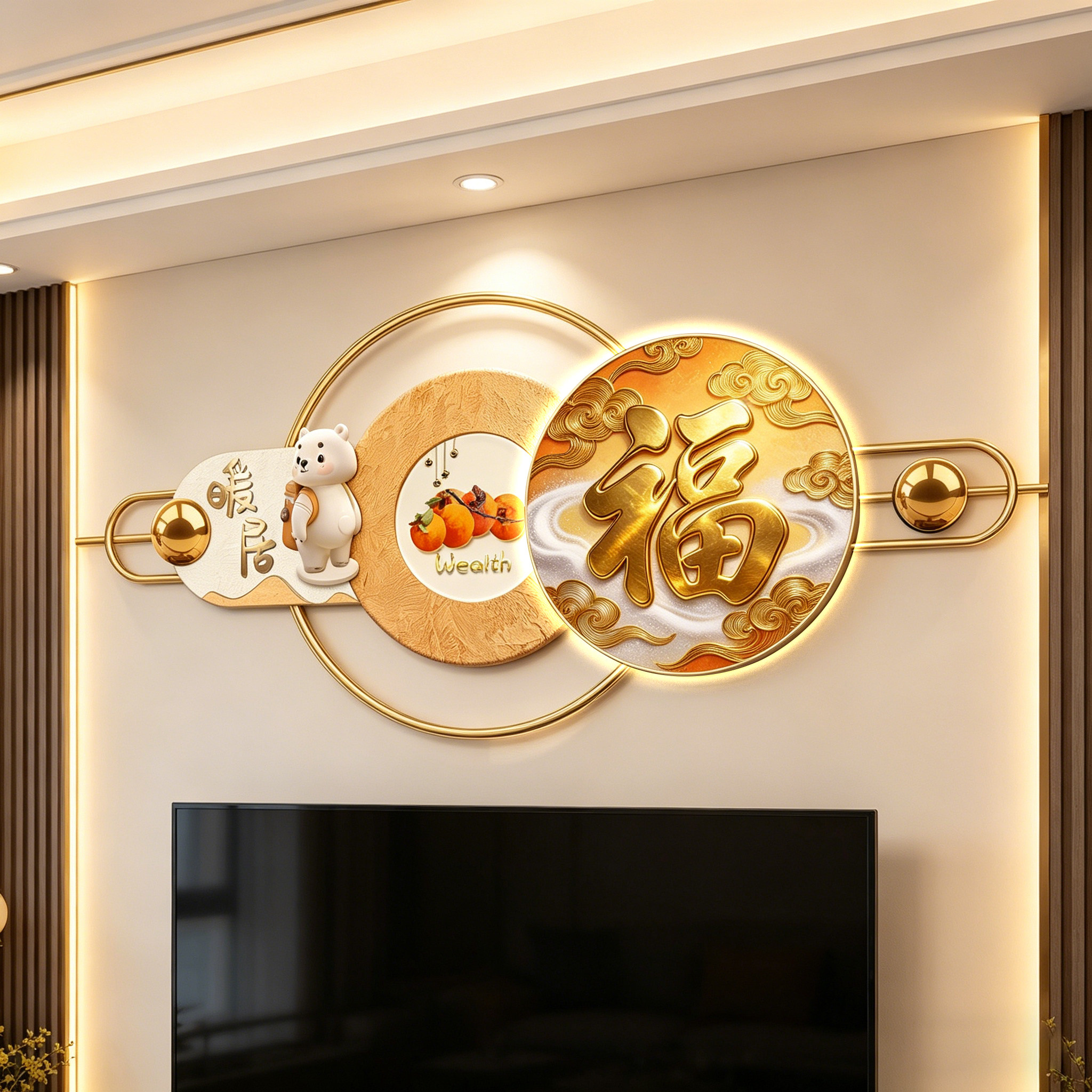 客厅电视上方背景墙装饰画新中式沙发餐厅挂画LED带灯好寓意壁画