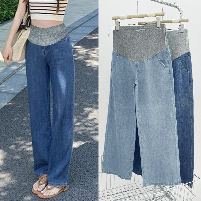冰丝孕妇裤子夏季薄款宽松阔腿牛仔裤女夏外穿天丝直筒裤长裤夏装