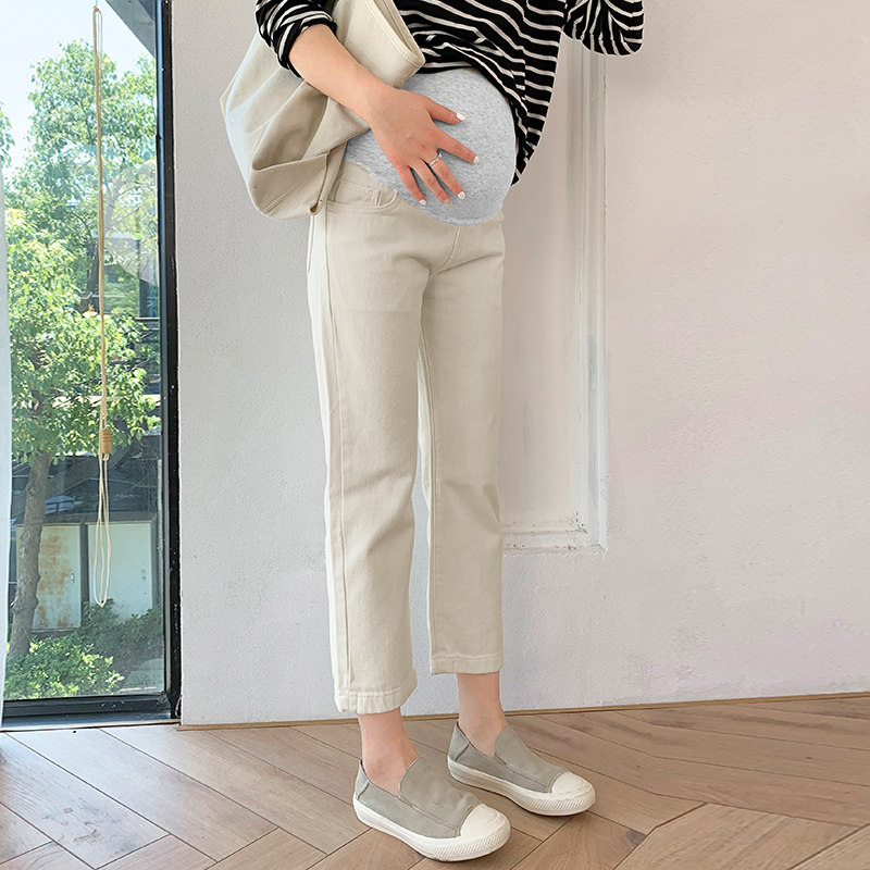 孕妇裤子春秋外穿时尚款宽松米白色牛仔裤春季潮妈孕妇老爹裤春装