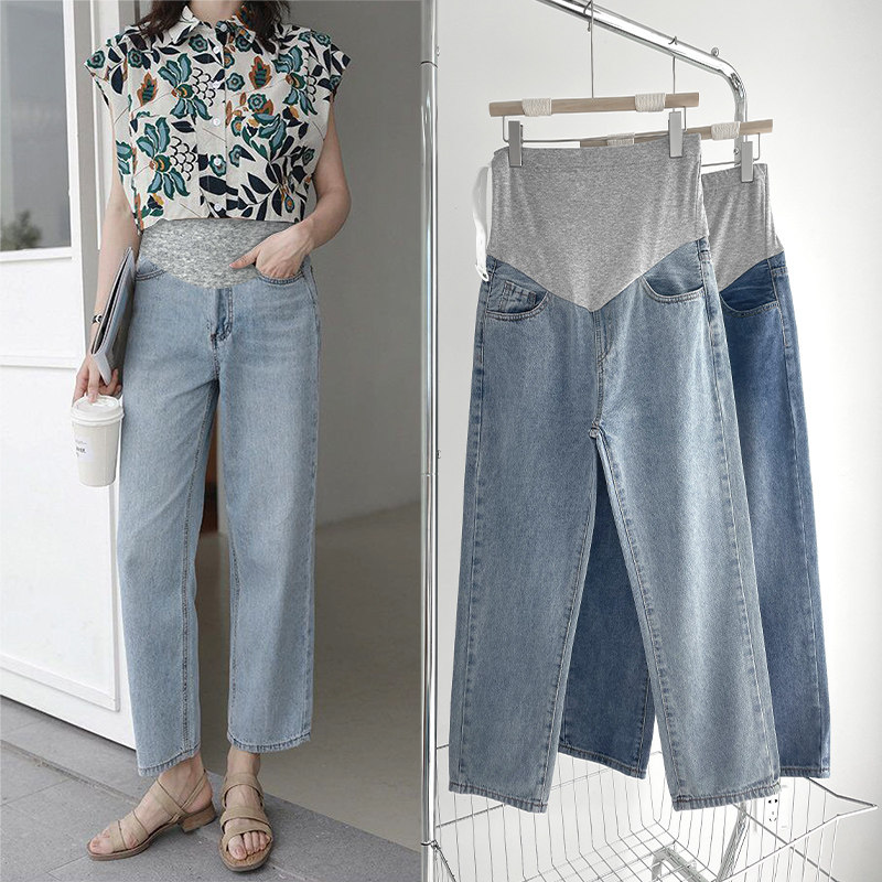 孕妇裤子春秋薄款女时尚潮妈宽松阔腿牛仔裤春季九分直筒裤春夏装