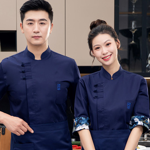 复古中式亚麻工作服七分袖酒店茶楼服务员国风盘扣中袖厨师服印字