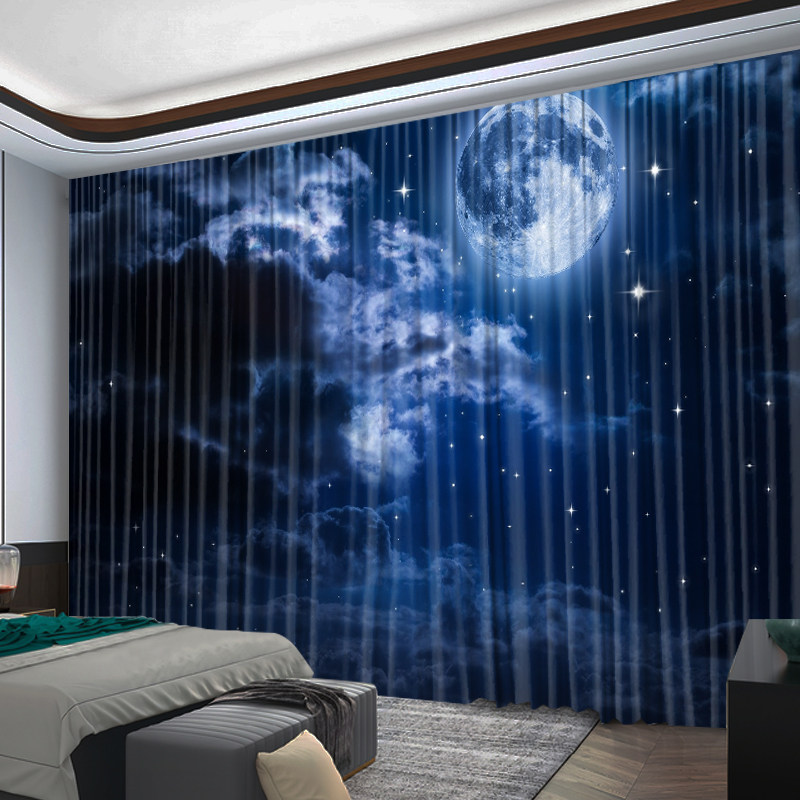 梦幻ins简约打孔遮光窗帘蓝色星空客厅阳台定制直播房间背景隔断