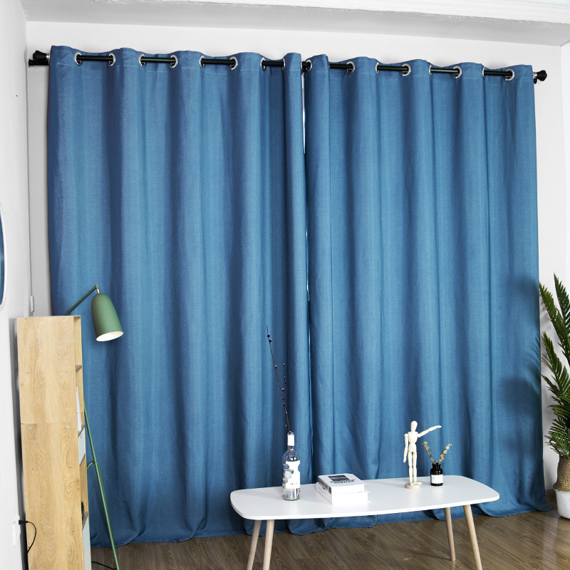 清新纯色北欧ins风湖水蓝免打孔窗帘卧室客厅棉麻隔音隔热遮光布