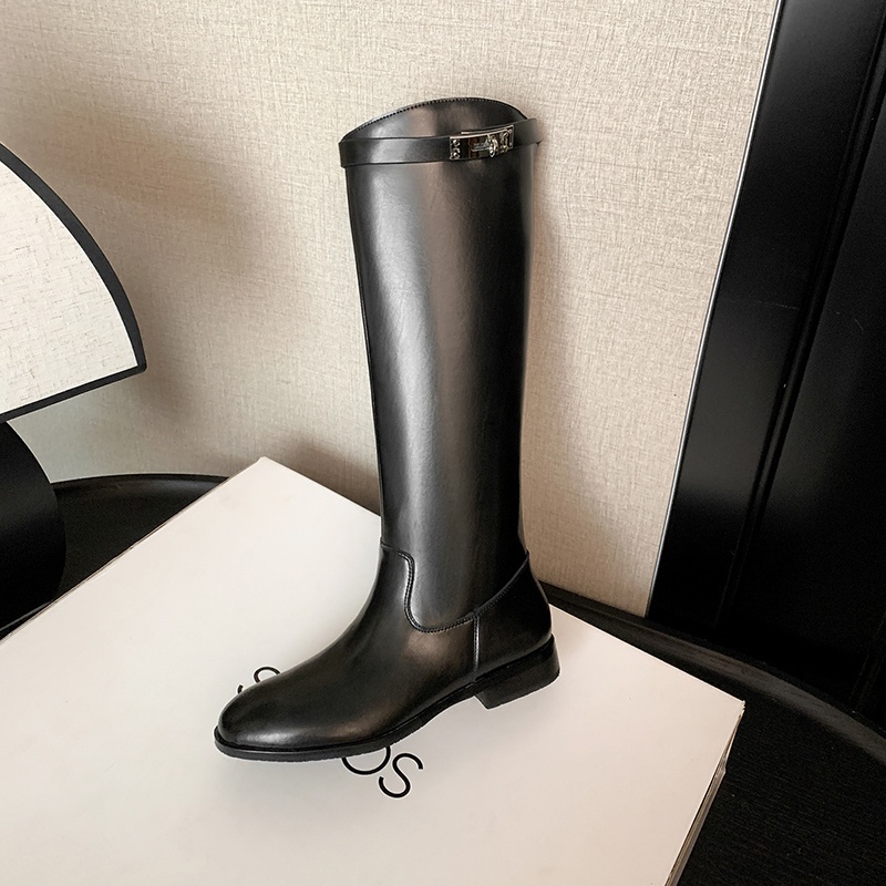 一三良品秋冬显腿细小个子不过膝小码33骑士靴金属扣低跟堆堆靴女