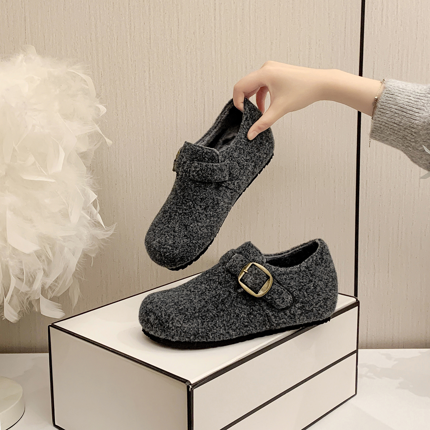 【12.8日新品】一脚蹬小码3332隐形增高包头勃肯鞋复古毛毛鞋女