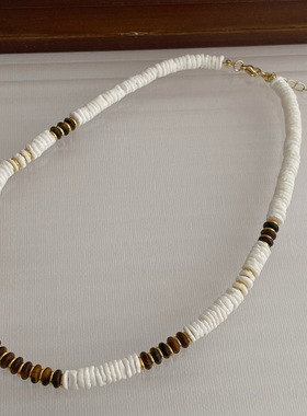 天然贝壳手工串珠虎眼石项链女时尚轻奢高级感气质颈链锁骨链配饰