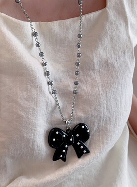 韩系ins波点蝴蝶结吊坠项链女个性高级感长款爱心锁骨链叠戴颈链
