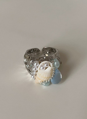 辣妹甜酷海螺珍珠水晶宽版金属戒