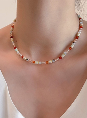 天然石彩色串珠多巴胺配色项链女