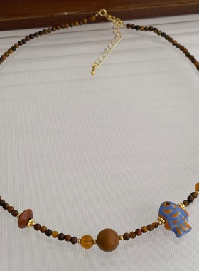 新中式天然虎眼石转运珠锁骨链复古民族风串珠设计感小鱼项链配饰