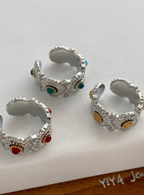 轻奢时尚复古小雏菊戒指女个性高级感天然石指环百搭食指戒子配饰