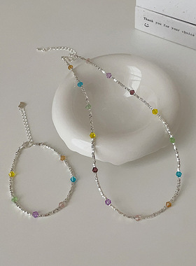 甜美彩色水晶碎银子项链手链女夏季多巴胺个性时尚百搭颈链锁骨链