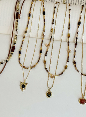 美拉德虎眼石串珠叠戴项链女秋冬