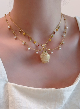 法式复古珍珠干枯玫瑰花朵吊坠项