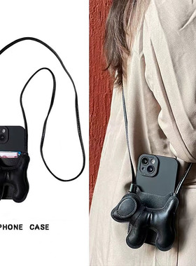 黑色小狗适用iQOO11S手机壳iqooneo7se斜挎卡包iQOO带挂绳Pro日韩iqooz6创意iQ0010/9/8软iqu1全包插卡保护套