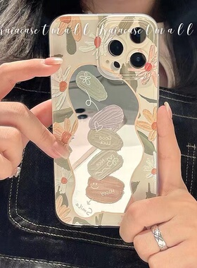 韩风ins文艺花朵适用苹果16手机壳13pro补妆镜面12mini新款11pm创意油画6s5s防摔硅胶7p8p女iPhoneX保护套se2