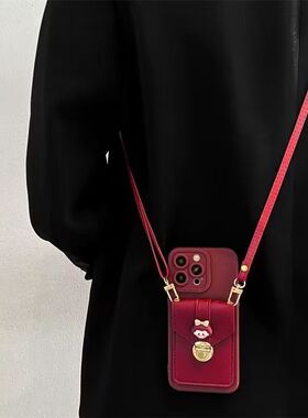 酒红女孩金属扣竖款卡包适用realme真我GT8pro手机壳Q3t创意NEO7se新年v60pro背带挂绳v11s女潮RealmeXT外壳