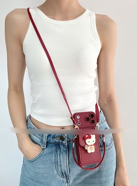 酒红卡通画家kt猫卡包适用畅享80se手机壳50/60x麦芒40/30/20/11斜跨2026新款NZONE S7喜庆10e女sp300畅亨Z套