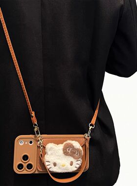 复古棕毛绒kt猫零钱包适用vivoY500手机壳T4x斜挎绳y35y37m趣味y91y93新款y200GT软硅胶z6z5z3冬天潮nex3s套