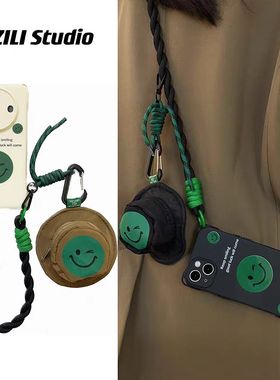 绿色笑脸渔夫帽耳机包包适用vivoiQOOz9Turbo手机壳iQooU5e时尚高级neo8pro四角开孔iQ0012斜挎挂绳z7i防摔套