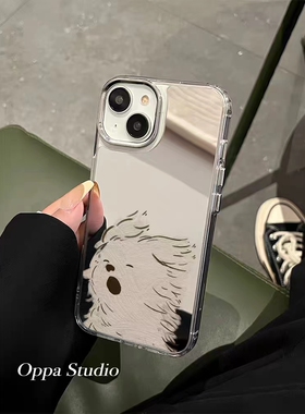 风中凌乱小狗镜面适用OPPOA2x手机壳Reno11/7/5k补妆镜findx7/x3pro卡通趣味A98a56s情侣款r15r9s硬k10x外壳