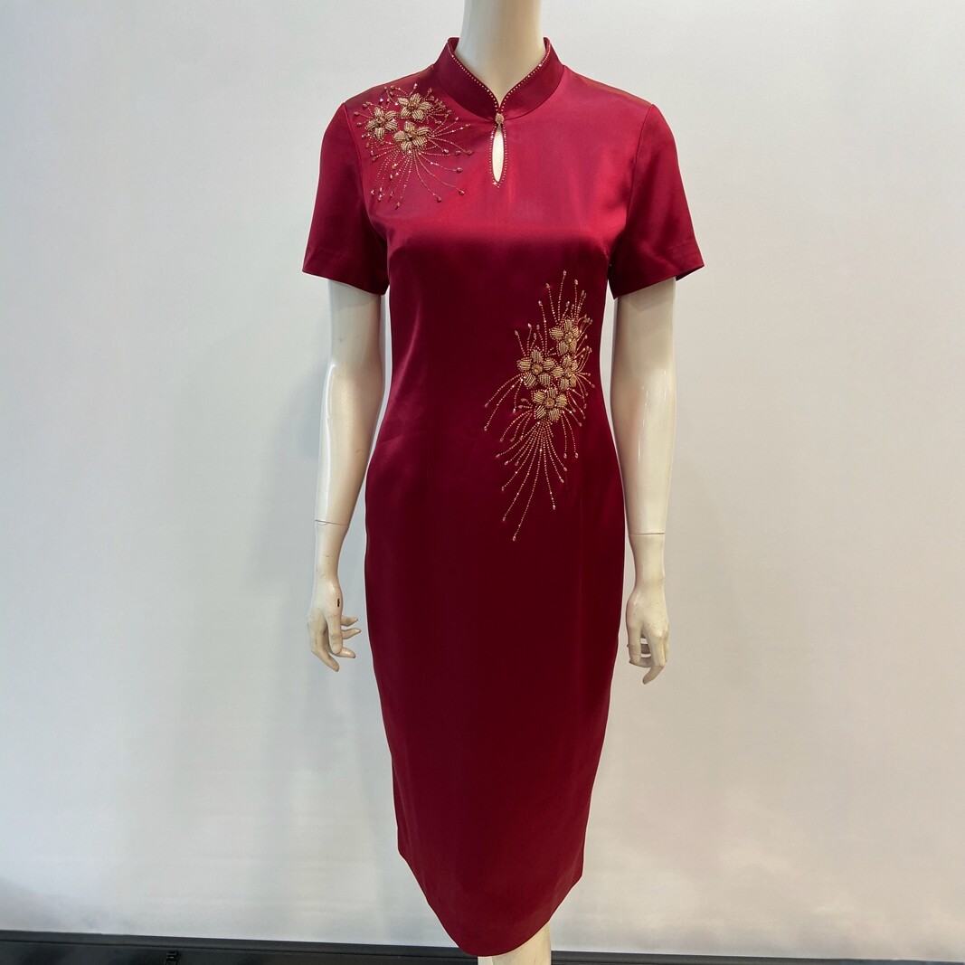 结婚喜服春夏装喜婆婆婚宴装高贵丈母娘敬酒礼服醋酸缎连衣裙短袖