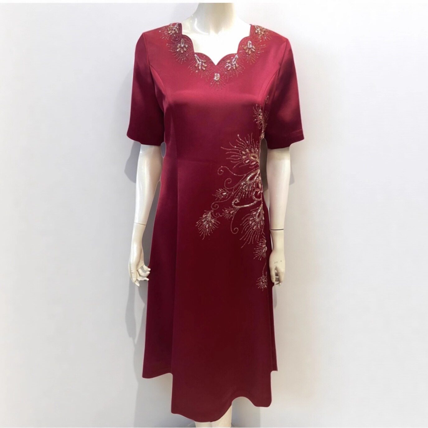喜妈妈婚礼服醋酸旗袍品牌女夏装婚庆宴会装高贵喜婆婆喜服连衣裙
