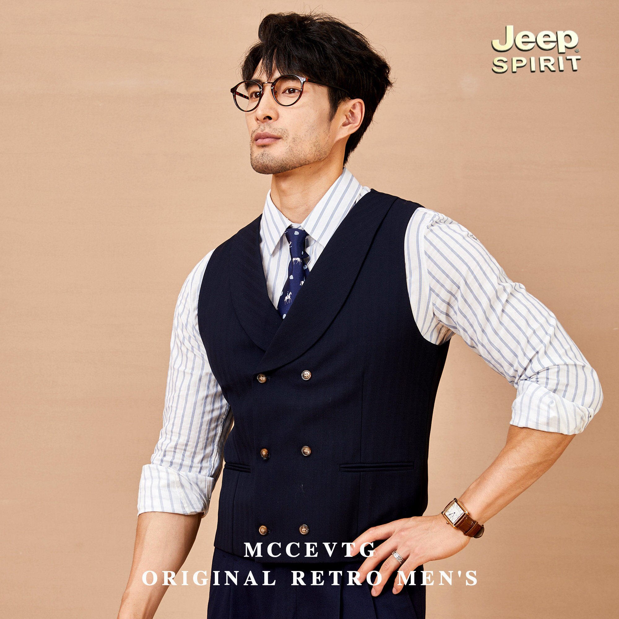 JEEP SPIRIT吉普羊毛青果领马甲男士人字纹双排扣坎肩宴会小马夹