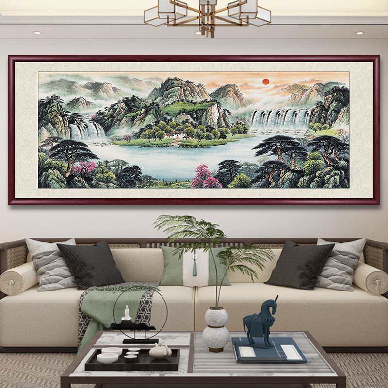 旭日东升国画山水画客厅挂画办公室聚宝盆靠山图沙发背景墙装饰画
