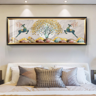 房间装 美式 饰画招财麋鹿卧室墙壁床头挂画大尺寸主卧轻奢金框壁画