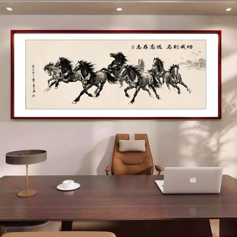 八骏图马到成功墙壁画客厅挂画背景墙装饰画办公室国画茶室字画
