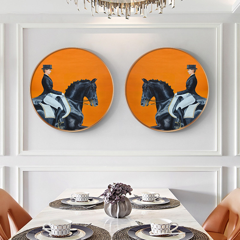 北欧圆形装饰画绅士骑马图进门入户玄关屏风隔断挂画走廊过道壁画