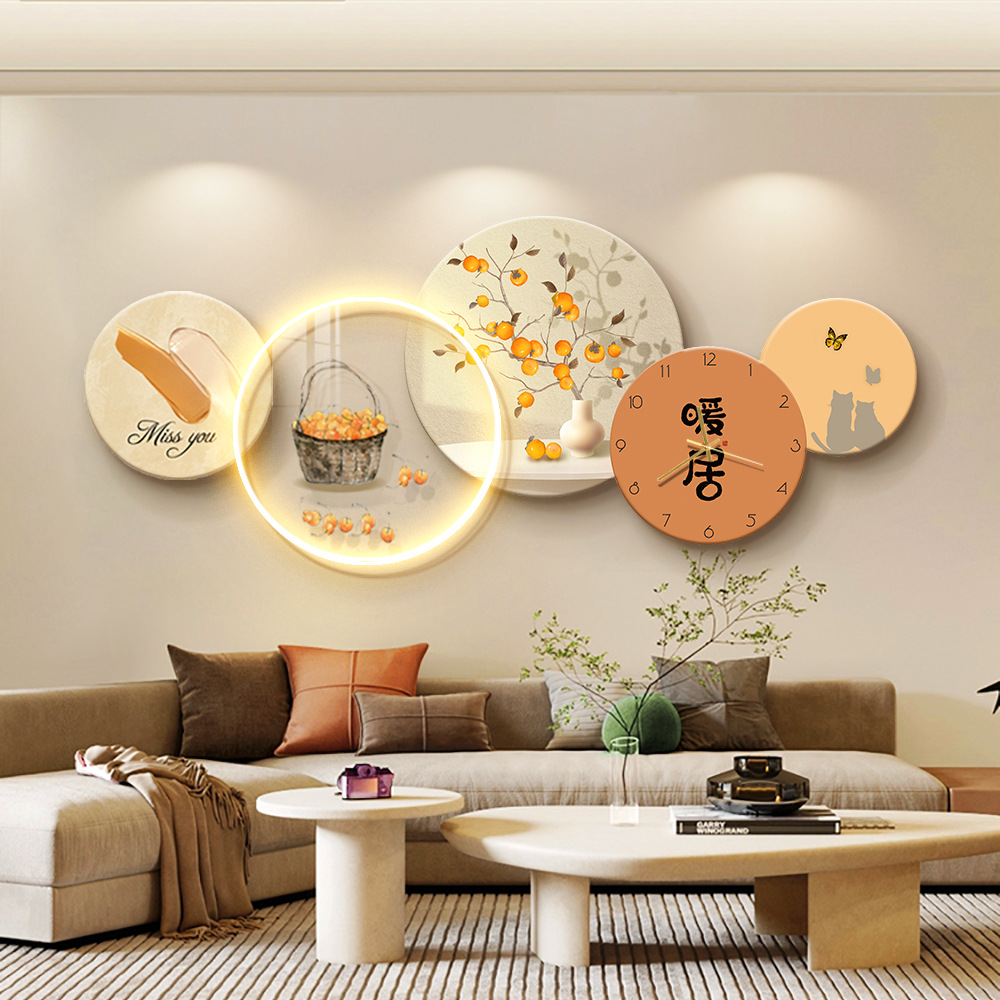 新中式客厅装饰画柿柿如意寓意好暖居组合时钟沙发背景墙氛围灯画
